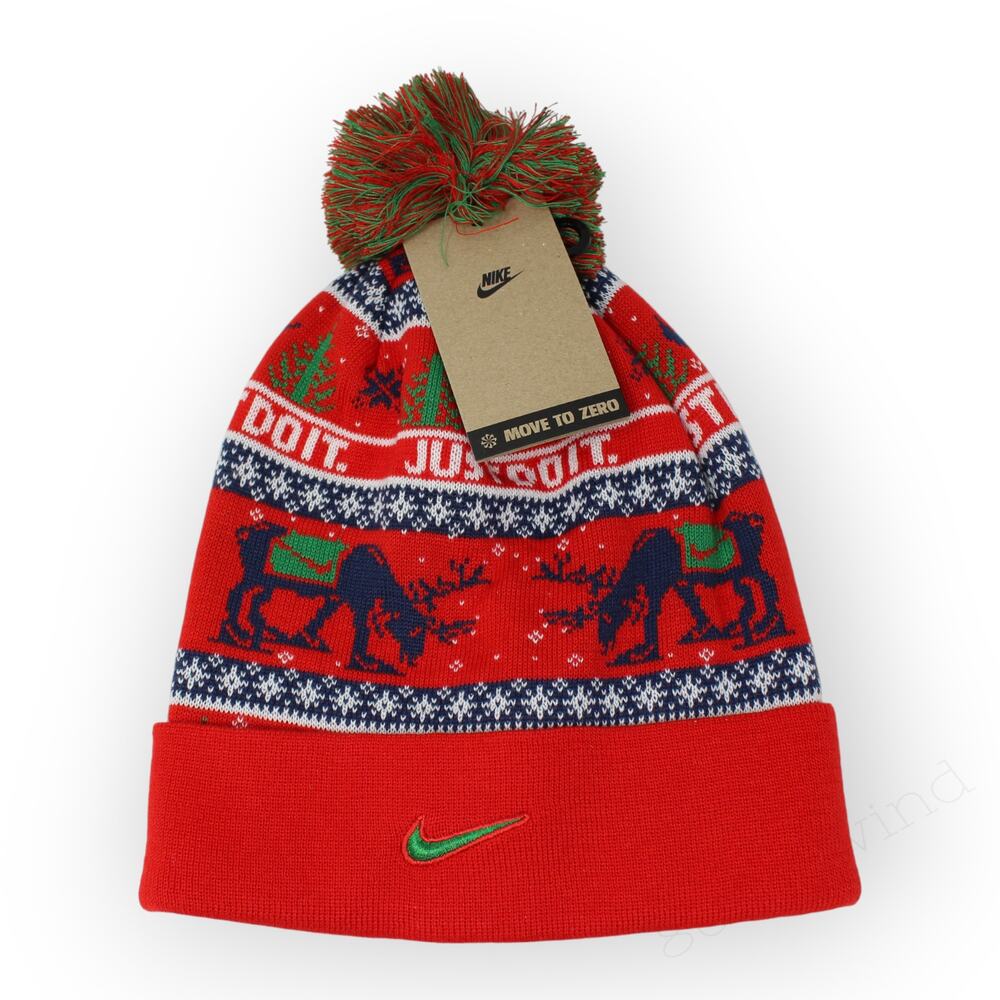 NEW NIke Peak Winter Wonderland Beanie Pom Red Deer Winter Apres Ski Snowboard